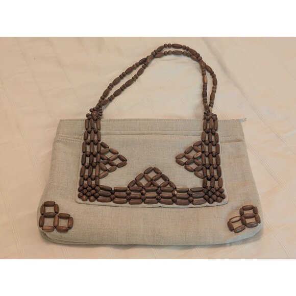 Vntg Fine Arts Bag Co Beige Linen & Wood Bead Purse Tote Zips Close Dual Handles - Picture 3 of 13